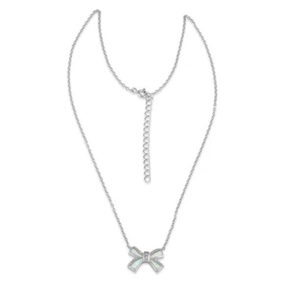 Sterling Silver White Opal and CZ Bow Adjustable Necklace New - Picture 5 of 6